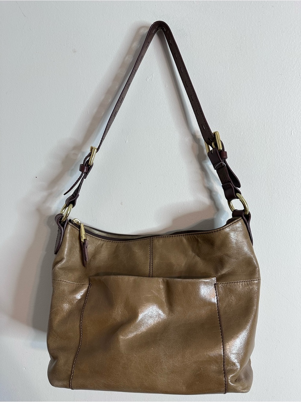 HOBO Olive Brown Leather Shoulder Bag with Dark Brown Strap